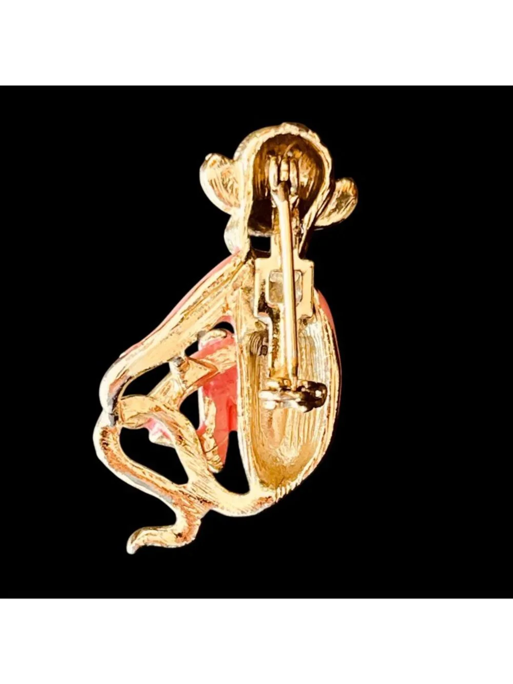 Vintage Crown Trifari Monkey Brooch // Pink & Gold Pin